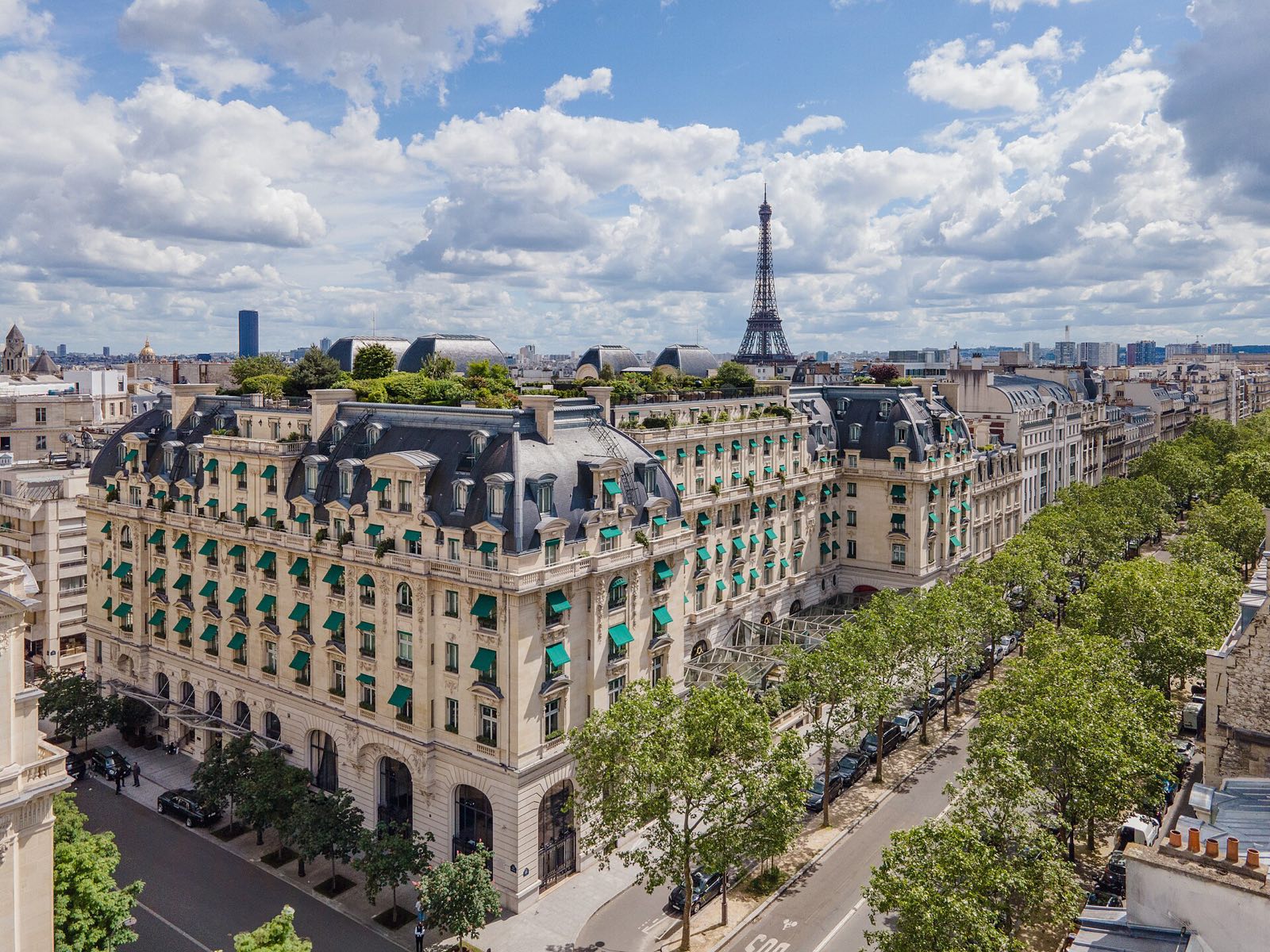 The Peninsula Paris from above, with the avenue Kléber and the Eiffel Tower beyond.